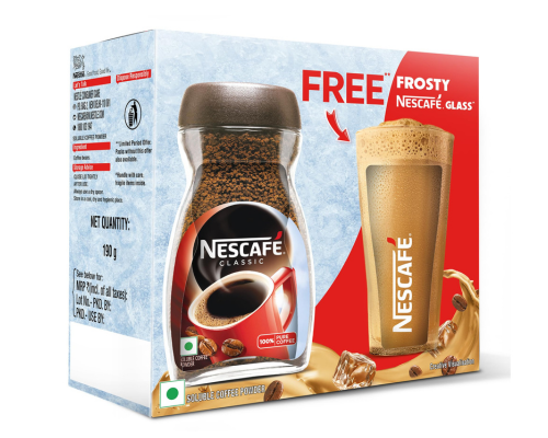 Nescafe classic instant coffee jar with free frosty cafe glass, natural coffee powder rich & creamy taste, 190 gm